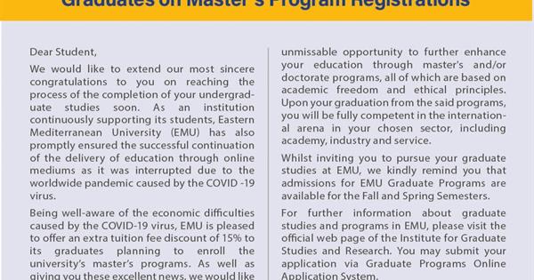 Eastern Mediterranean University Offers Extra Tuition Fee Discount of 15% to its Graduates on Master